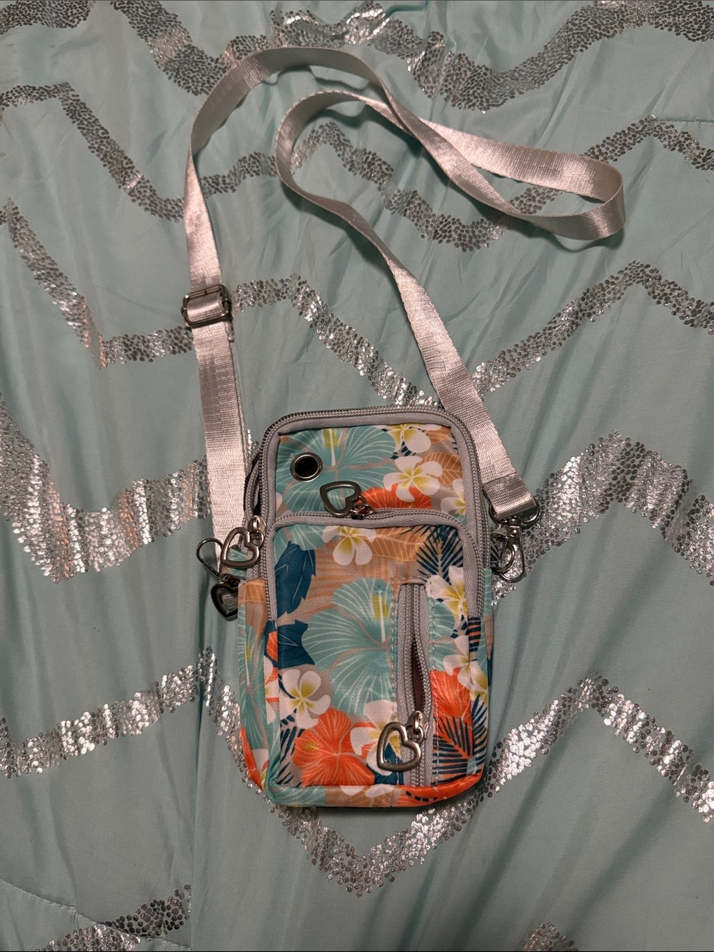 Crossbody Phone Bag in Teal Floral Print